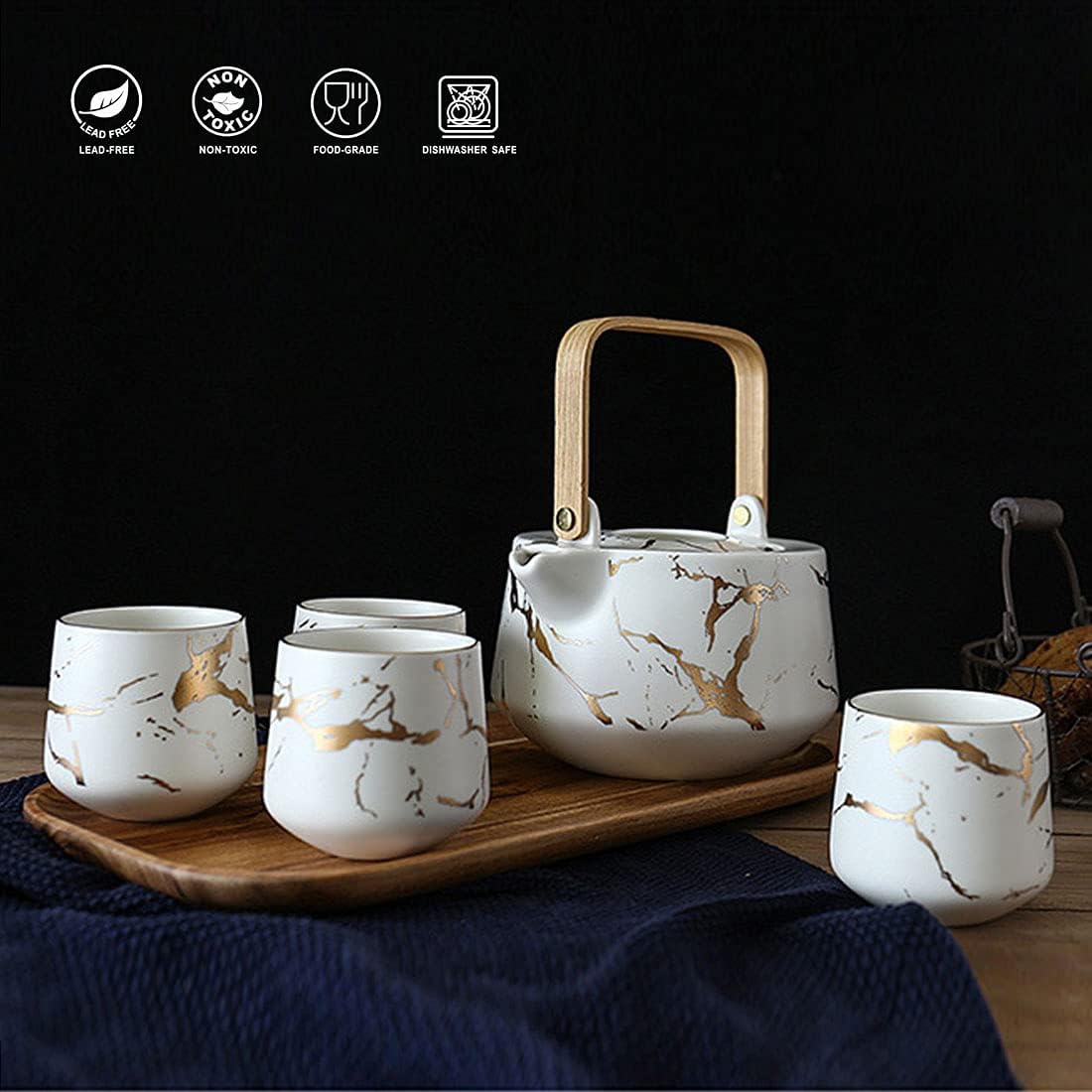 Black Friday - 70% OFF Yatsi Tea Set with White Marble design, Ceramic Tea Pot (40 OZ), 4 Piece Ceramic Tea Cups(8 OZ),Wooden Serving Tray, Luxury Tea Set for Home,Office and gift
