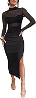 Caracilia Women's Sexy Mesh Long Sleeve Mock Neck Bodycon Midi Dress 3-Piece Club Night Out Set