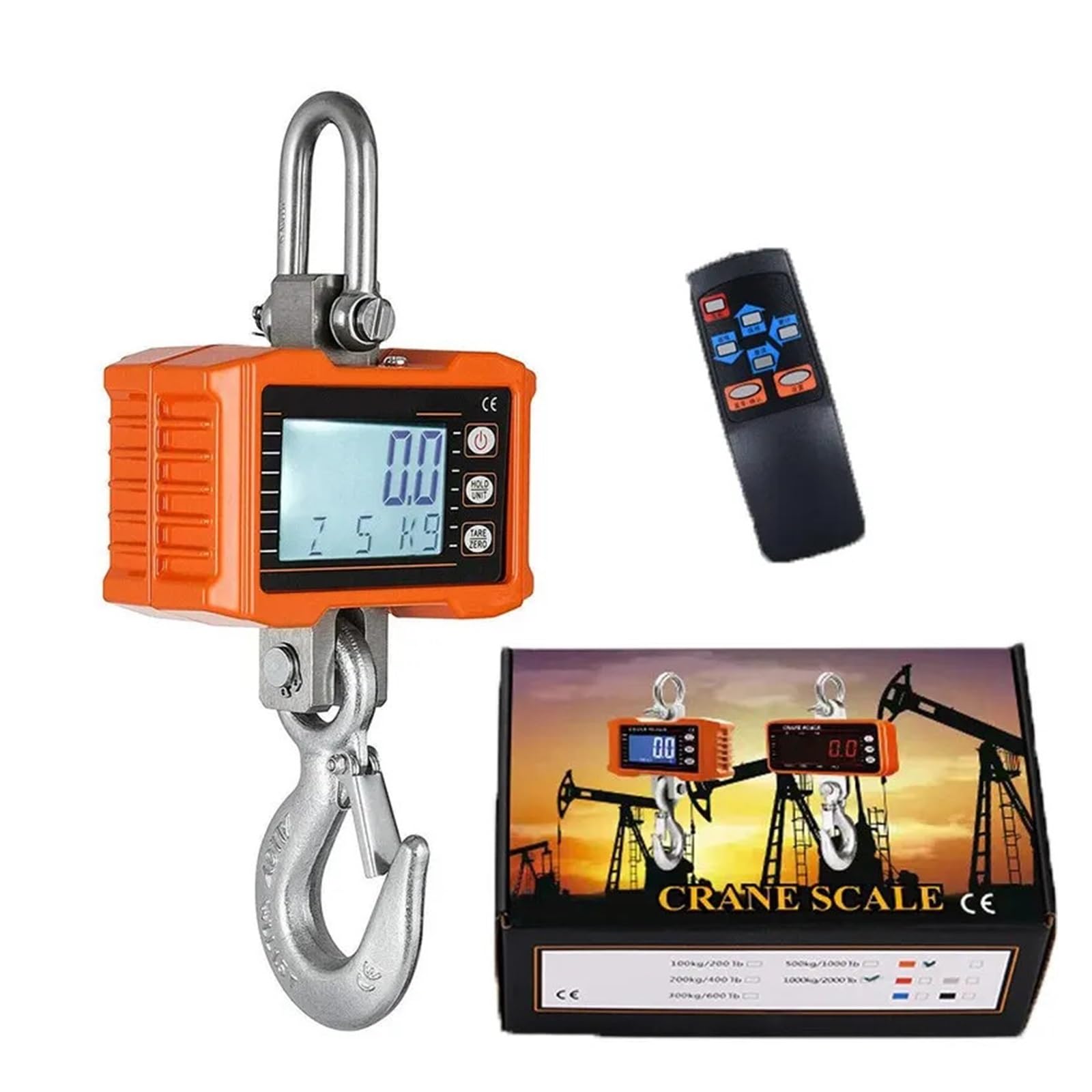 Bilancia digitale sospesa 1000 kg/2204 libbre for gru portatile for impieghi gravosi a gancio industriale con retroilluminazione LCD Cambio unità/Mantenimento dati(Orange)