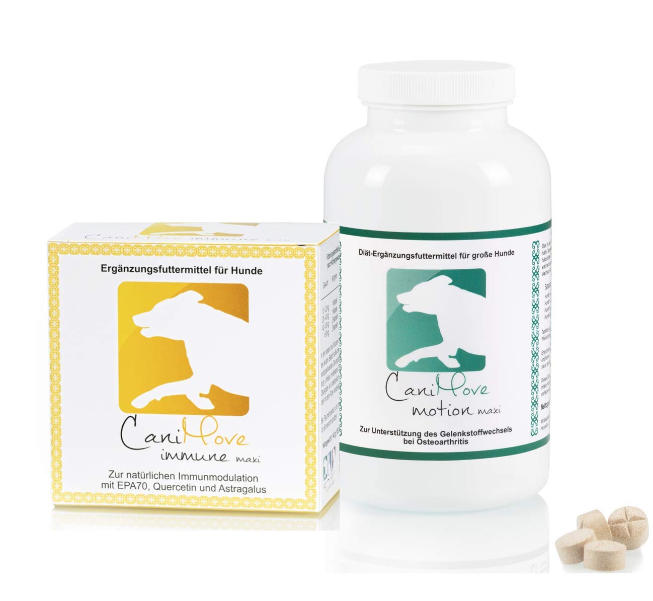 Motion & CaniMove Immune (ehemals EPA70) Maxi, je 1 Packung hochentwickelte Ergänzungsfuttermittel für große Hunde zur Unterstützung bei degenerativen Problemen des Bewegungsapparates.