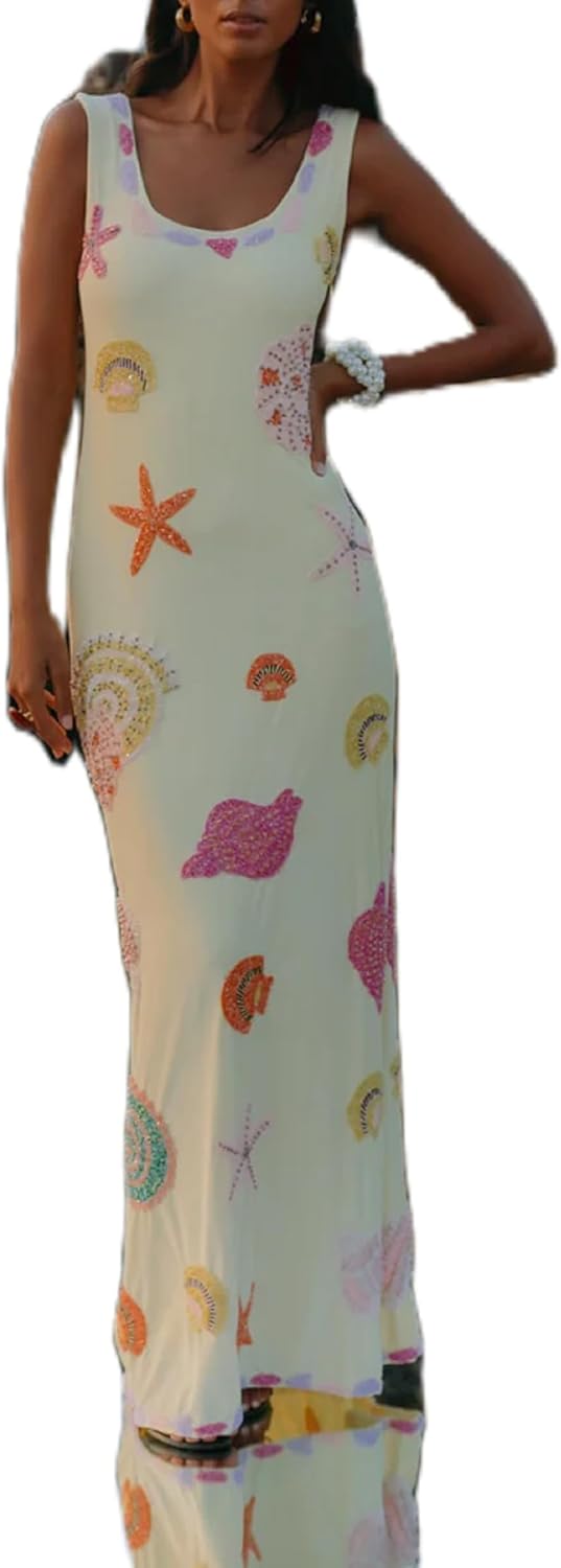 Maxi dress with cute seashell print for beach vacation