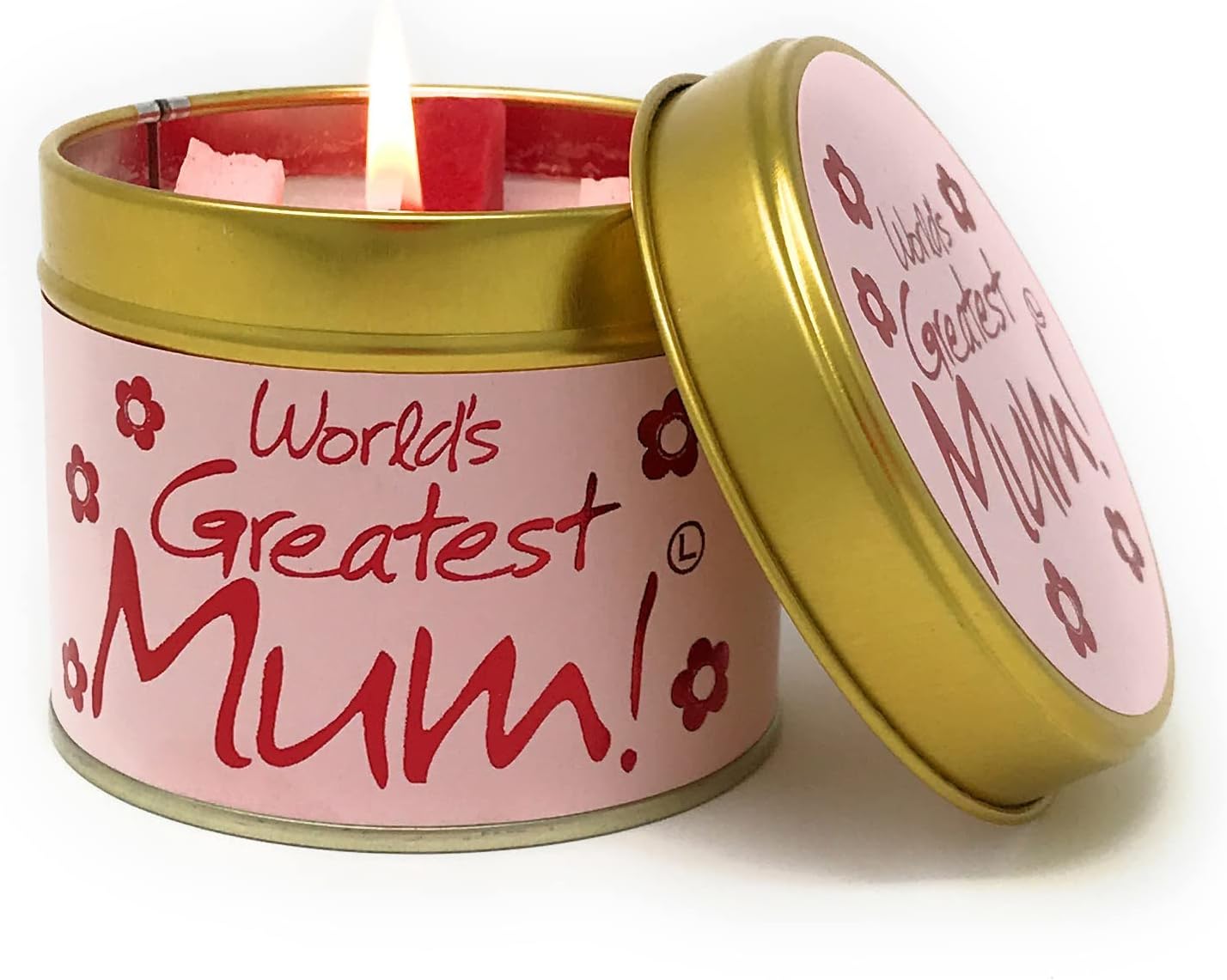 Lily-Flame World's Greatest Mum Tin Candle - Sweet Floral Scent, Pink, Red & White - Mother's Day Gift, Cruelty-Free, Vegan-Friendly