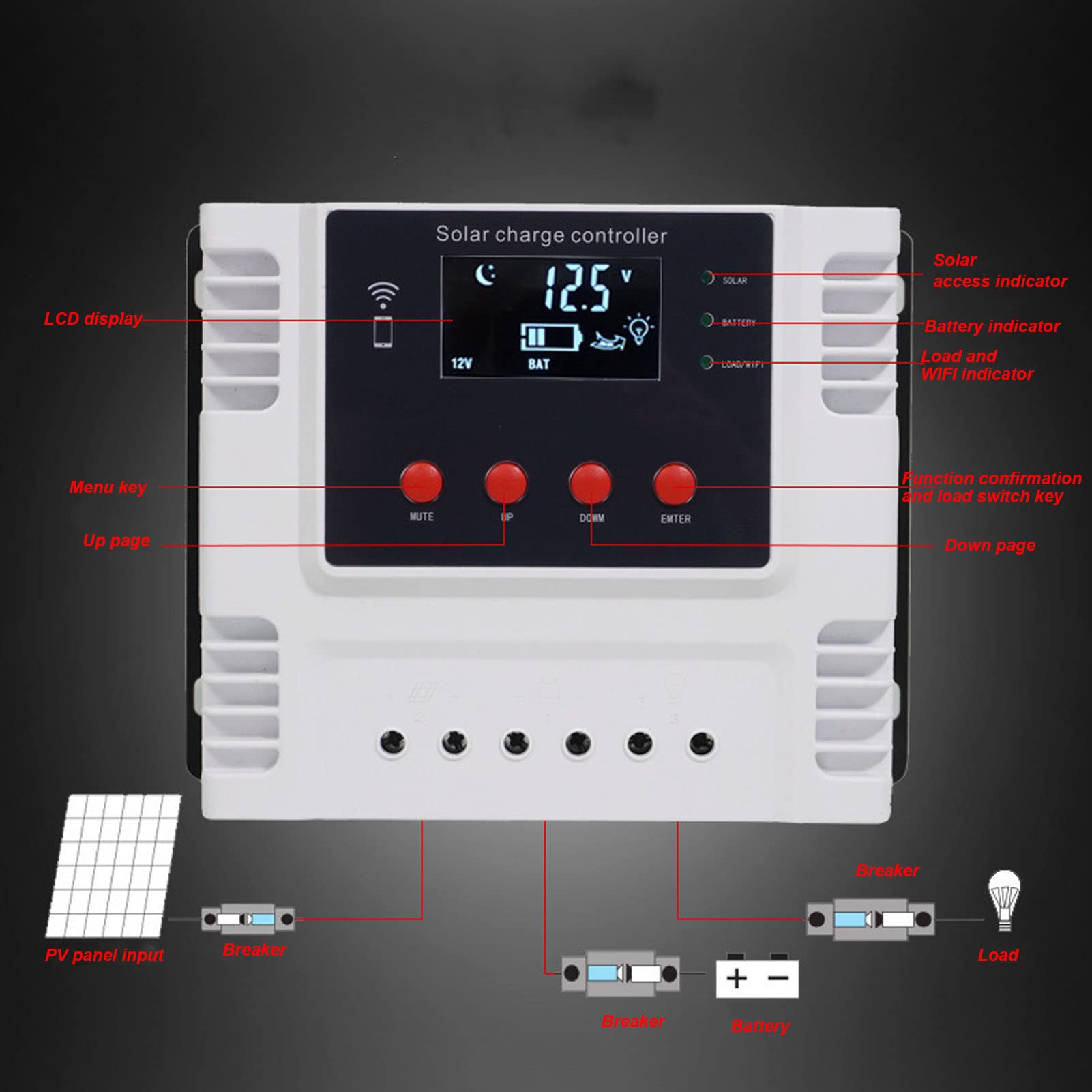 Oumefar PV-Leistungsregler, Digital, Hochleistungsfähig, 12 V, 24 V, 48 ,