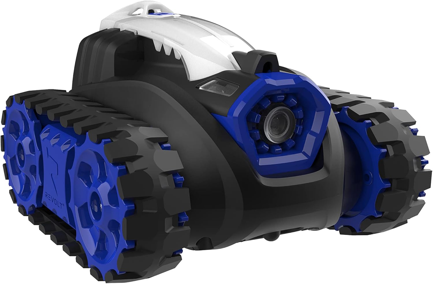 Front view of the blue SYMA Revolt Battle Tank, showing its laser emitter.