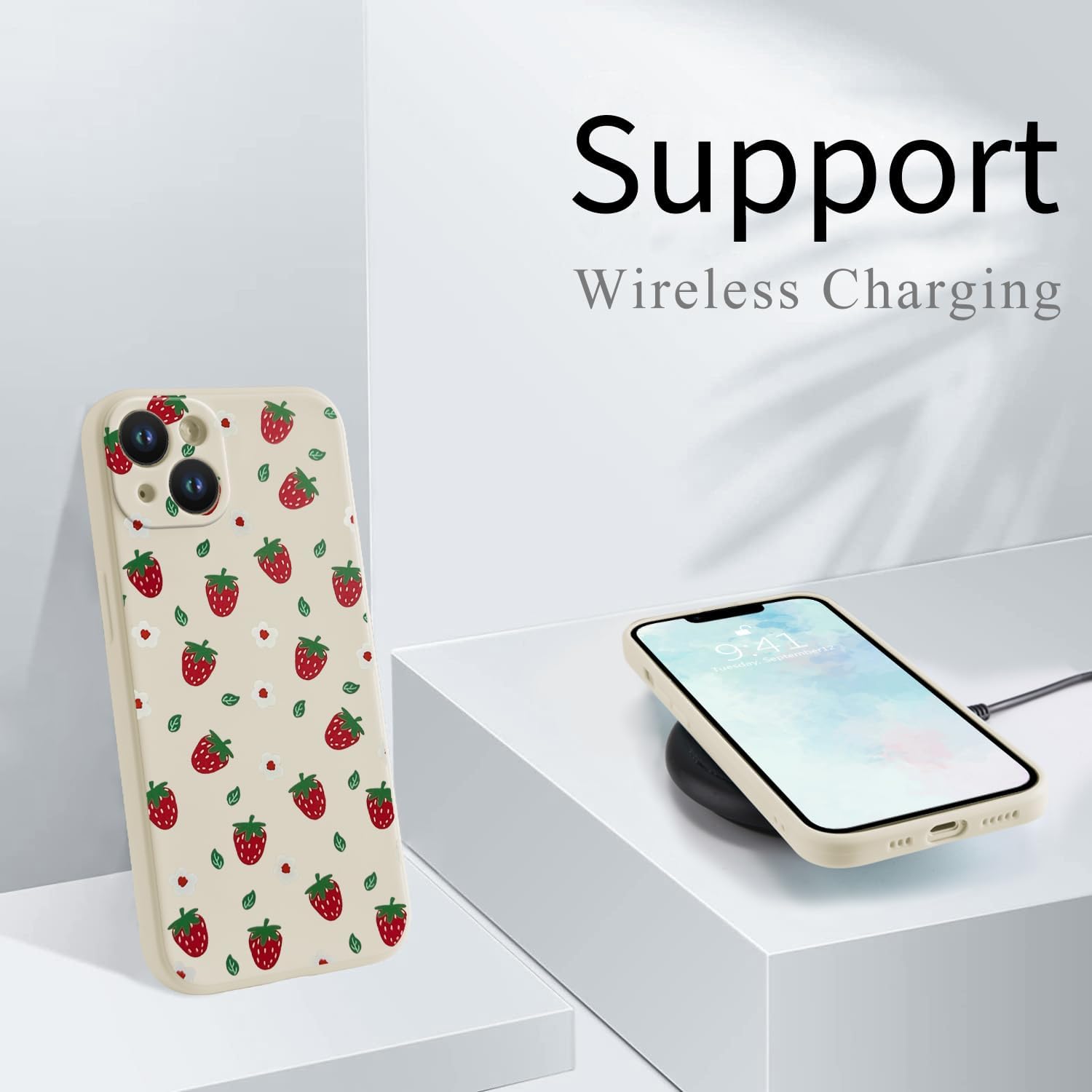 Cute Strawberry Floral Phone Case for iPhone 15 Strawberry Case Cover Liquid Silicone Soft Gel Rubber Matt Phone Cover with Microfiber Lining Protective Cover - Image 6