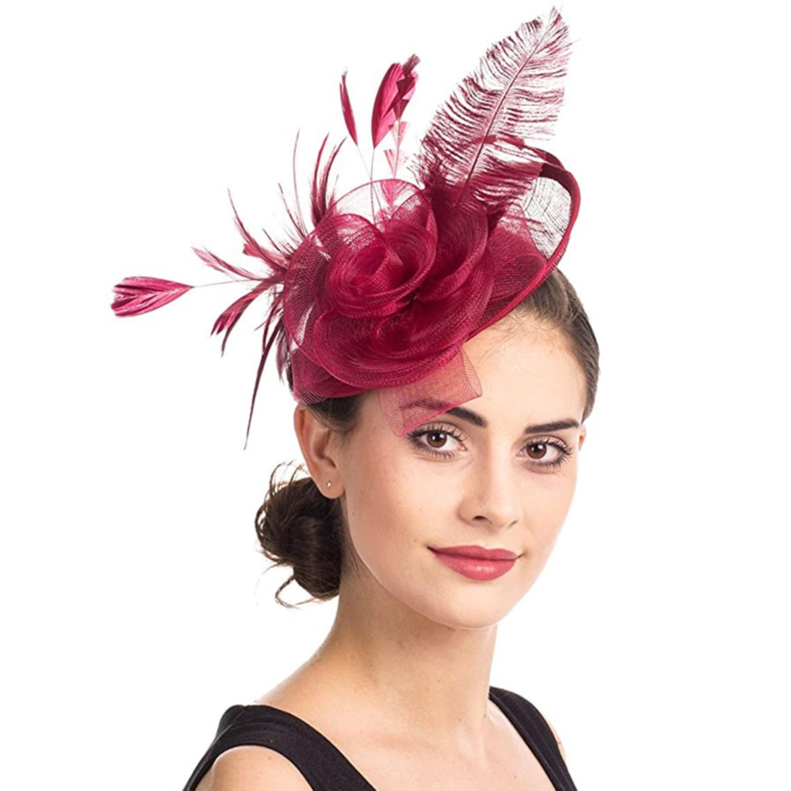 Xinchia Women's Wine Red Flower Feather Fascinator Hat Veil Net Headband Clip Pillbox Hat Wedding Bridal Hair Clip Headpiece Top Hat Race Ascot Cocktail Tea Party Headwear Bowler Hat Banquet Hair Accessories