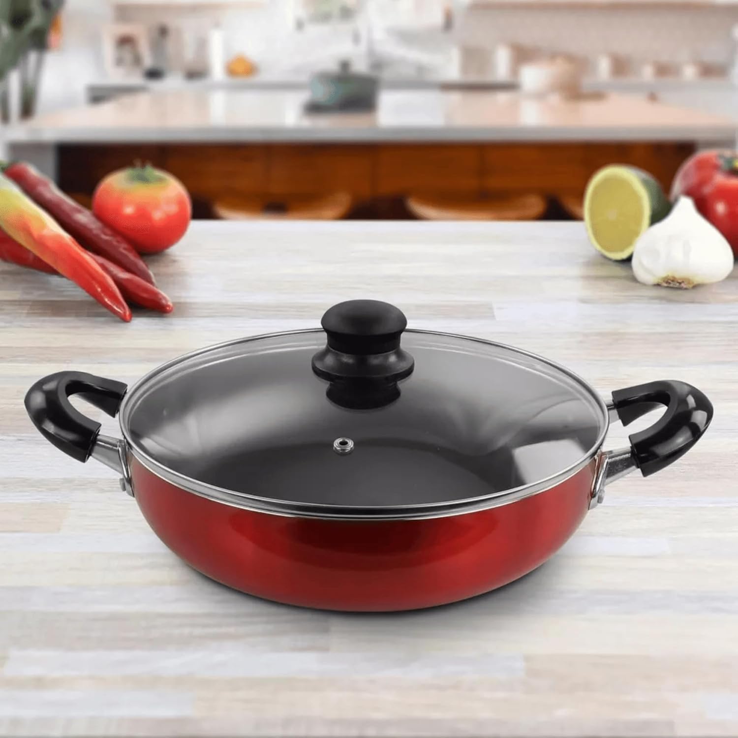 Better Chef Deep Fryer Pan with Glass Lid – Red Aluminum Nonstick Frying Pan Available in 14-Inch or 16-Inch – Even Heat Distribution & Stay-Cool Handles (14-inch)