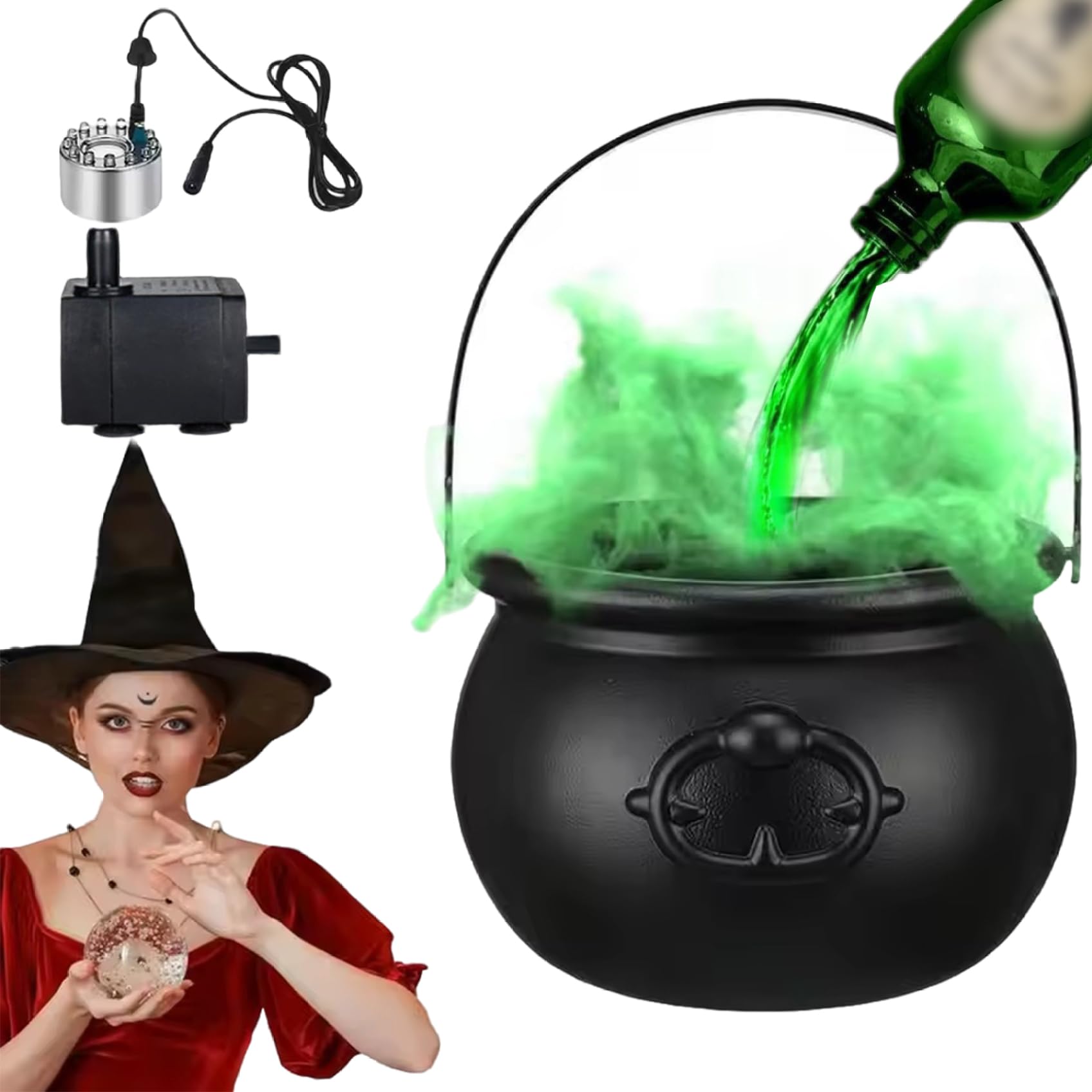 Hperu Witch Cauldron, 8 Inch Plastic Cauldron Pot with Magical Green Water Dye and Sprayer, Halloween Candy Bowl for Home & Porch Decoration