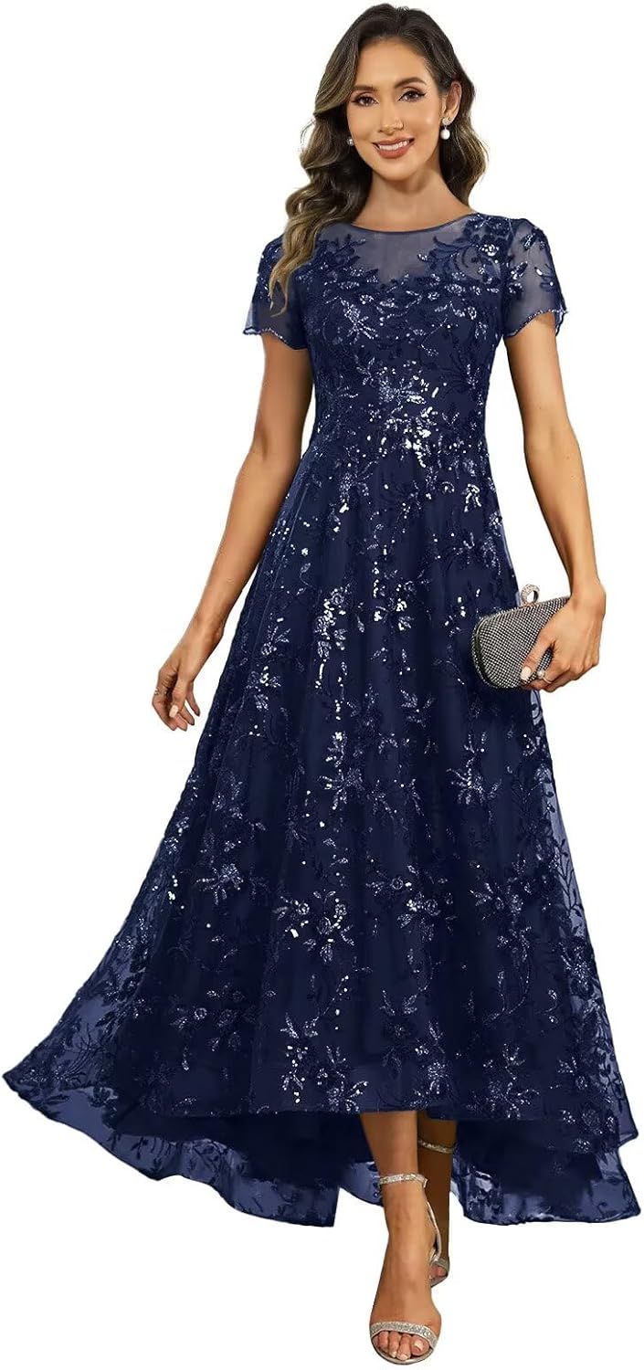 Crew Neck Mother of The Bride Dress for Wedding with Sleeves A-Line Sparkly Tea Length Formal Party Gown