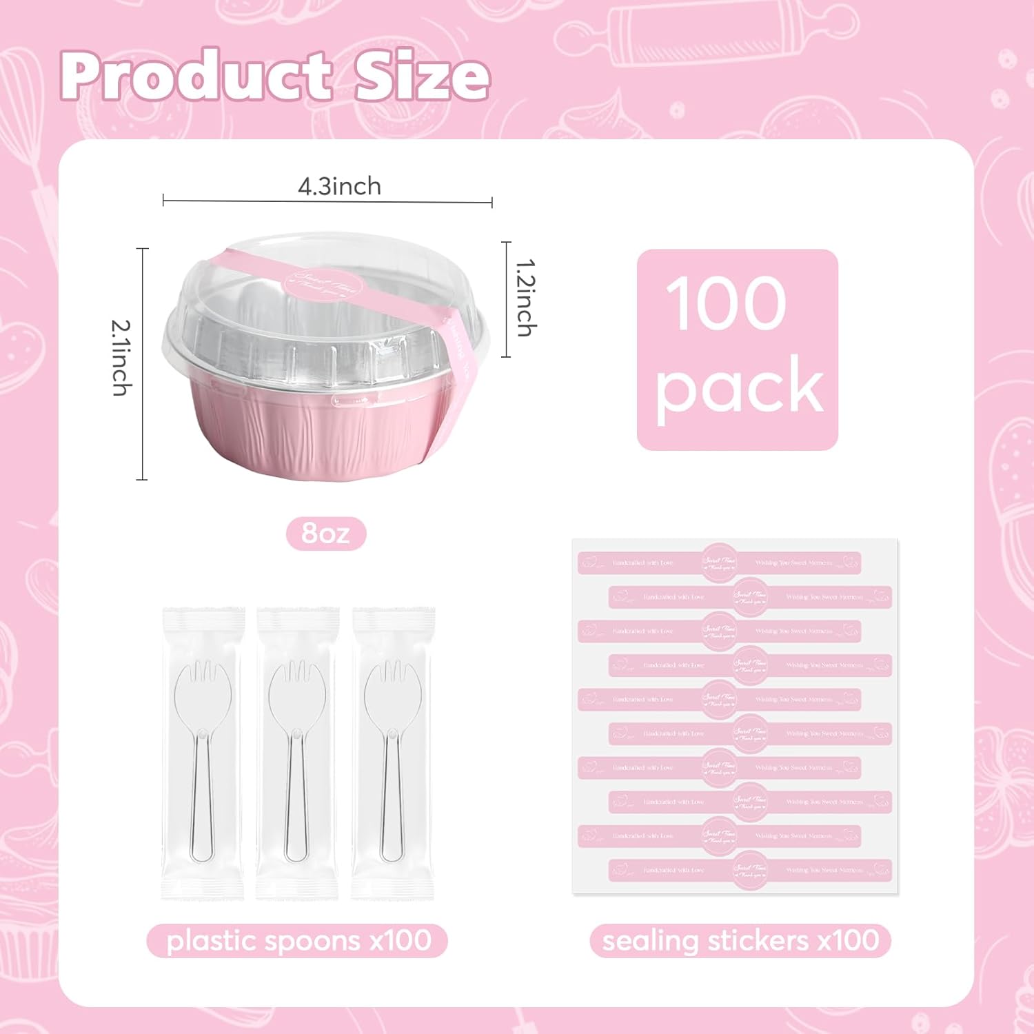 Ruckae 100 PCS 8oz Round Mini Baking Cups with Lids,Mini Loaf Pans with Lids,Disposable Aluminum Foil Ramekins Baking Cups for Birthday Party Weddings (Pink, 8oz) - Image 2