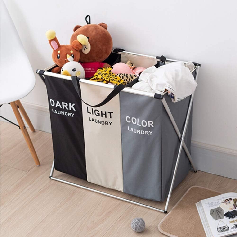 BAKAJI Cesto Biancheria Sporca a 3 Scomparti Multifunzione, Portabiancheria 3 Spazi Bianchi Neri e Colorati in Tessuto Struttura Pieghevole Dimensione 64 x 38 x 60 cm