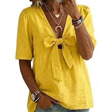 Women's Summer Short Sleeve Cotton Blouses Shirt Red V Neck Bow Tie Front Casual Tunic Tops