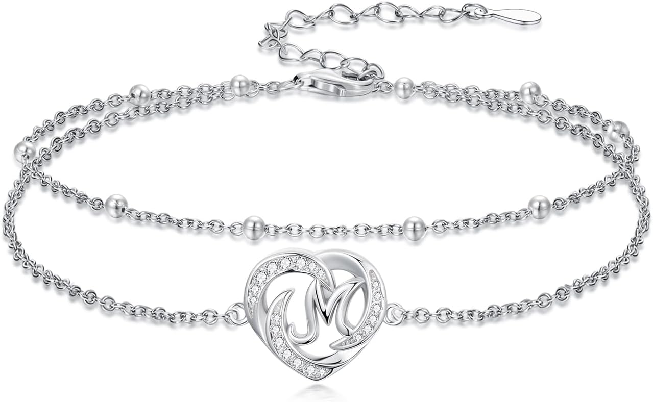 Dorunmo Initial Anklet 925 Sterling Silver Letter A-Z Layered Heart Anklet Beach Jewelry Birthday Gifts for Women