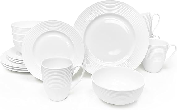 Bone China 16 Piece Dinnerware Dish Set, Service for 4, White Embossed Circle, Microwave Safe, Translucent, Elegant giftware, Essential Home, Formal and Everyday Living, Kitchen Dishes, Dinner Set