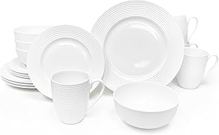 Bone China 16 Piece Dinnerware Dish Set, Service for 4, White Embossed Circle, Microwave Safe, Translucent, Elegant giftware, Essential Home, Formal and Everyday Living, Kitchen Dishes, Dinner Set
