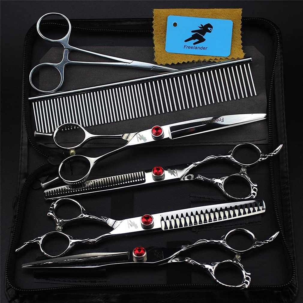 QZH Juego de 8 Tijeras de Aseo para Mascotas, Acabado galvanizado, Tijeras de peluquería Profesionales de Acero Inoxidable para el Cuidado del Cabello de Perros y Gatos, Kit de 7 pulga