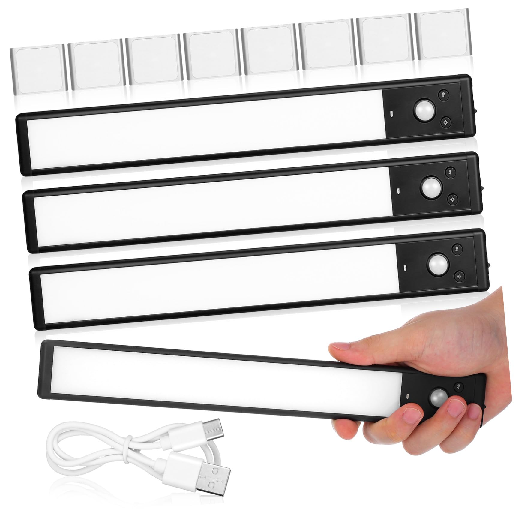 HANABASS 4 Piezas Luces Sensor de Movimiento para Debajo del Gabinete en Cocina, Batería Recargable, Diseño Compacto y Material de Aleación de Aluminio Negro, Ideales para Pasillos y