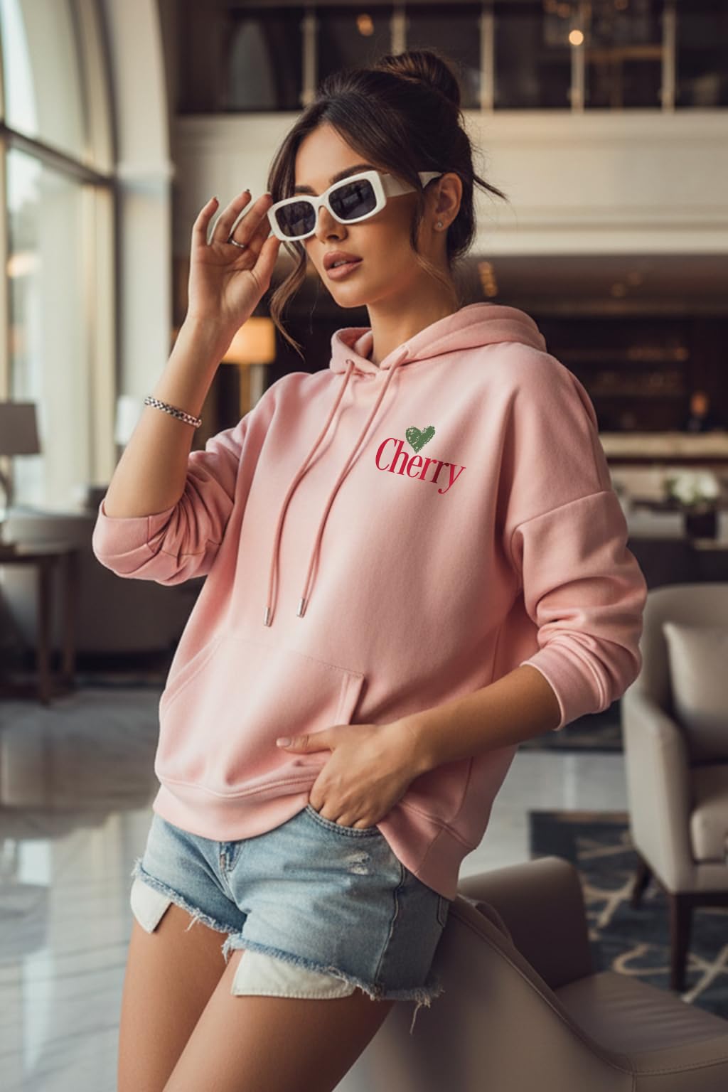 JUNEBERRY Policowo-bawełniana bluza z kapturem z długim rękawem, oversize, bluza z kapturem z długim rękawem, graficzny nadruk z kapturem dla kobiet (kolory: Marshmellow, różowy, czarno-czerwony)