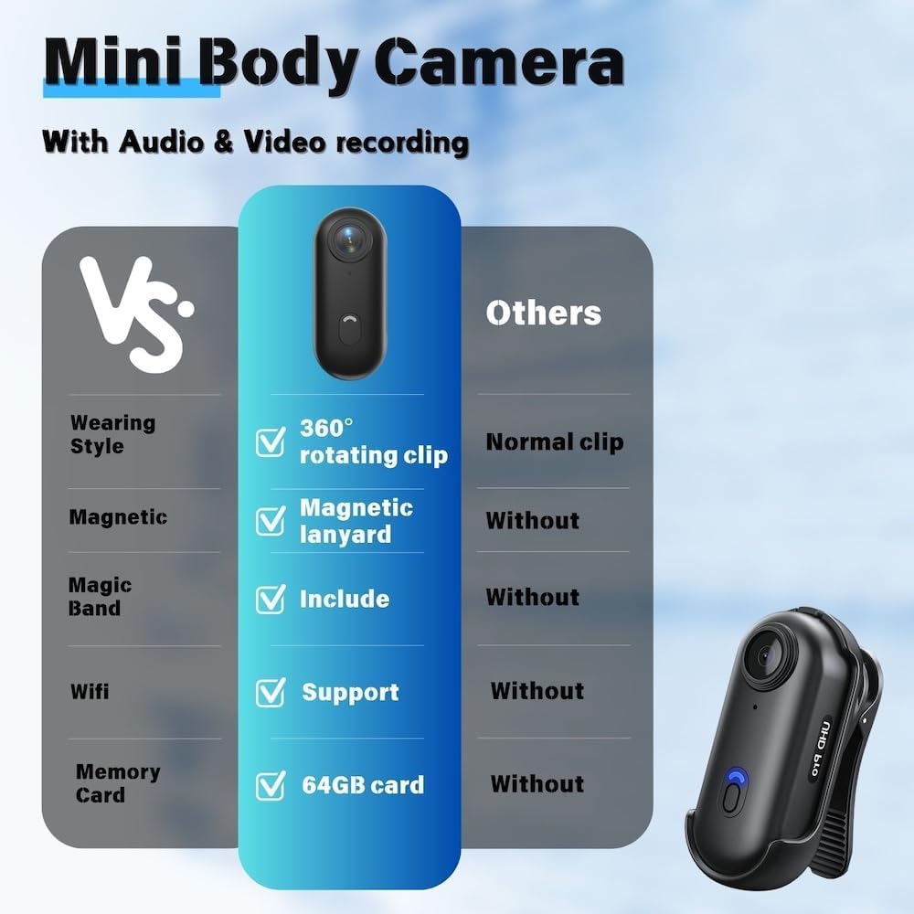 Cámaras corporales 1080P con grabación de audio y vídeo - cámara corporal 1080P impermeable, magnética y con clip de 360°, batería de 150 minutos para ciclismo, pasear con animales (1080-B-32G)