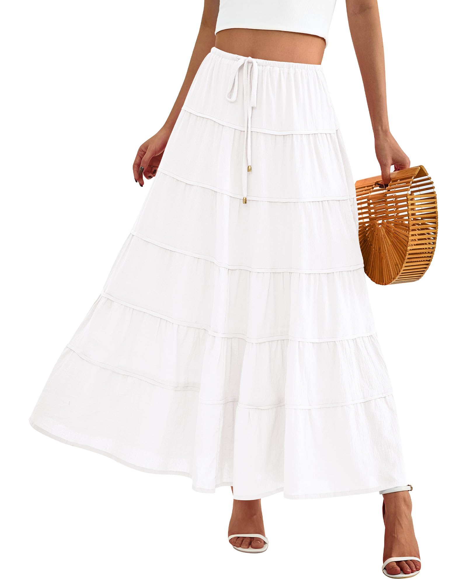 Photo 1 of BTFBM Women Summer Tiered Maxi Skirt Drawstring Elastic Mid-Waist A Line Boho Beach Dress Flowy Long Skirts with Pocket Large Solid White