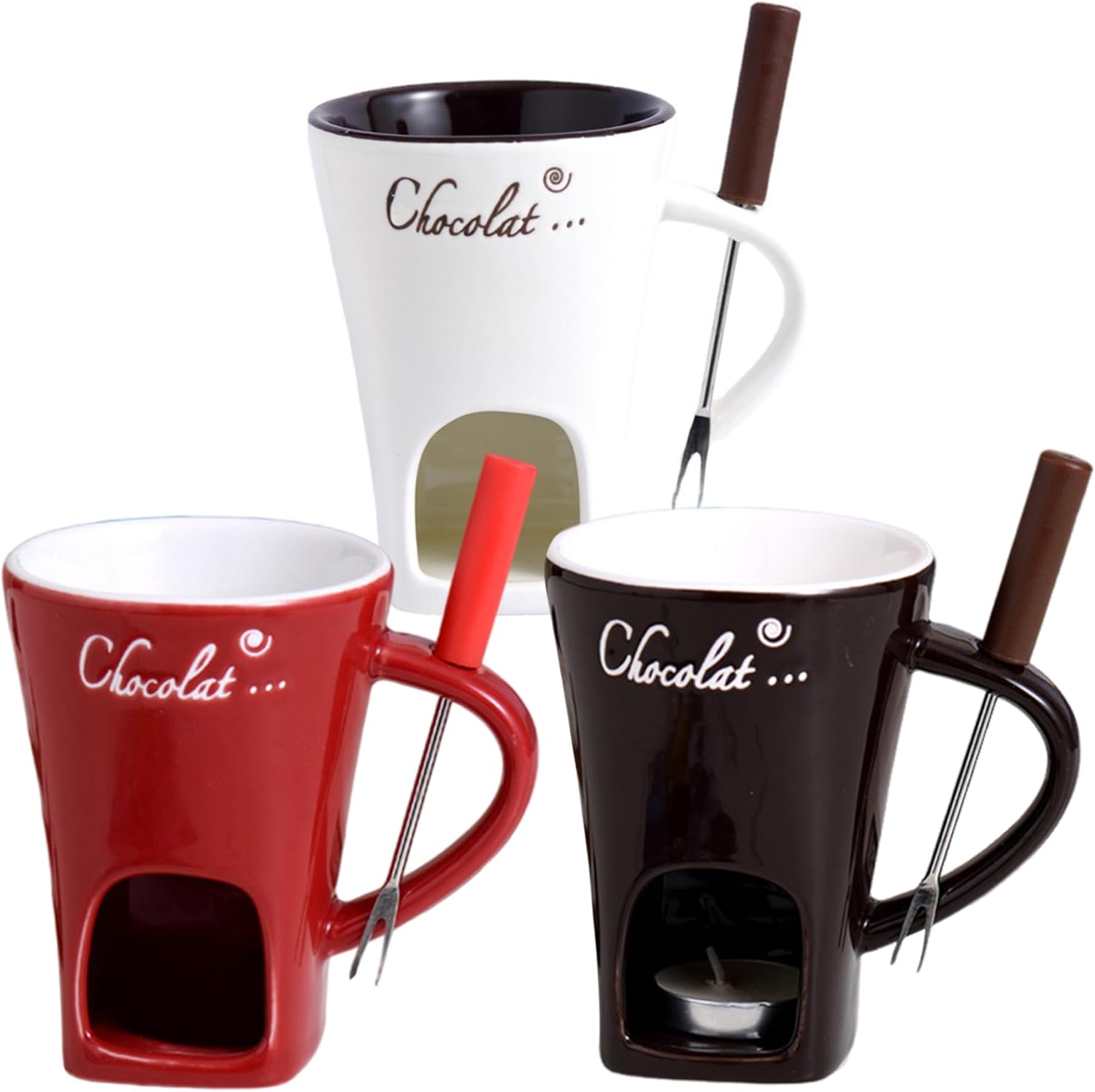 NIDONE 3Pcs Chocolate Fondue Mug Heat-Resistant Ceramic Chocolate Fondue with Forks Reusable Melting Cup for Date Night Birthday & Wedding Gifts