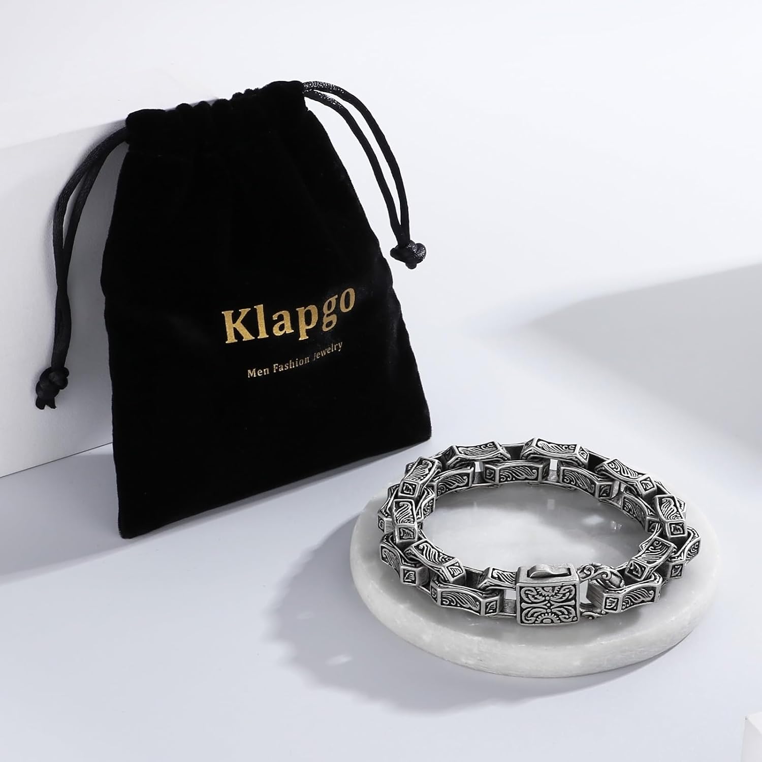 Cuban Link Bracelet for Men Stainless Steel Wave Engraved Chain Men's Bracelet Vintage Silver Bracelet for Men Unique Jewelry Gifts for Him - Image 7