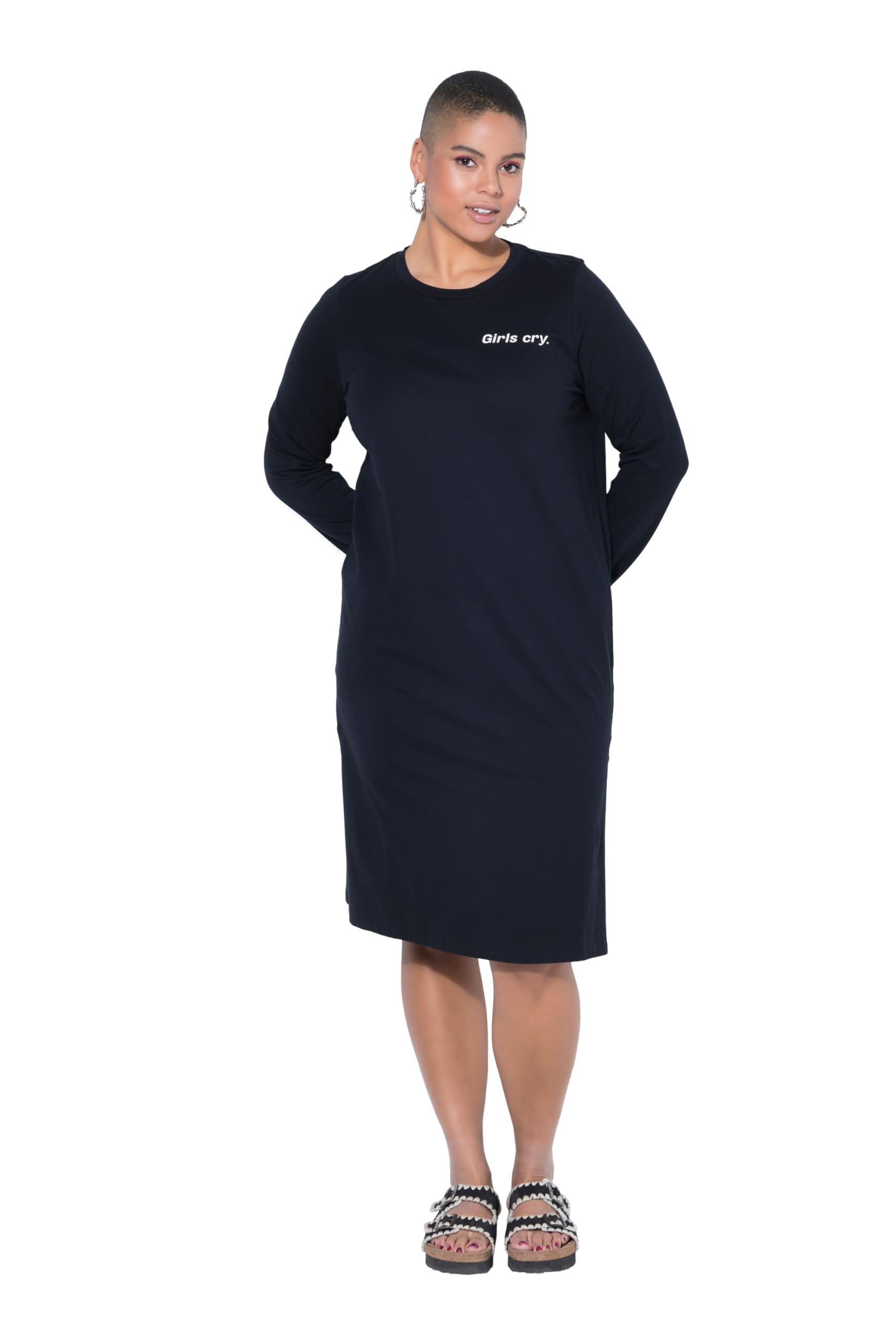 Studio Untold Damen große Größen Übergrößen Plus Size Jerseykleid, A-Line, Midilänge, Bogen Writingprint, Langarm 848796