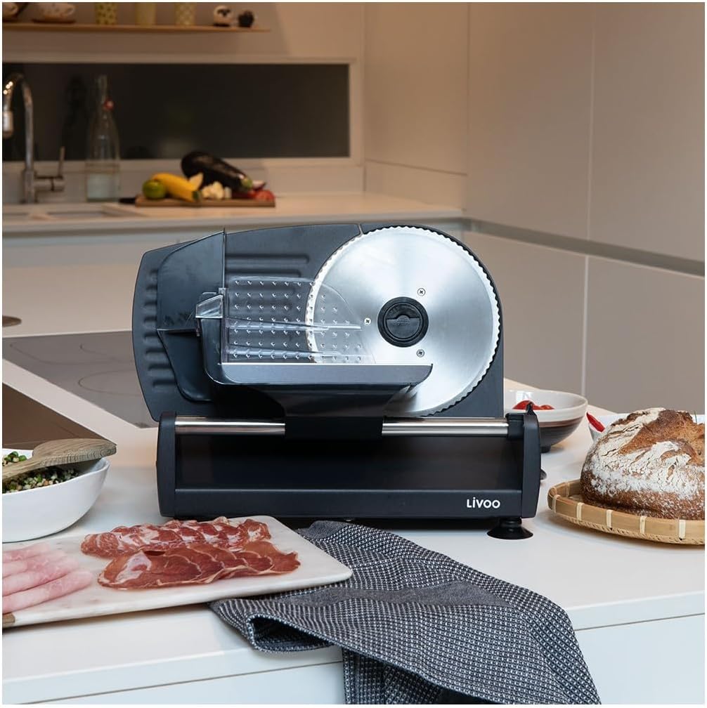 LIVOO DOM396 Electric Food Slicer set up in a kitchen environment