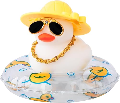 wonuu Gafas de diamante, patos blancos, anillo de natación, patos de goma con mini sombrero, collar para decoración de salpicadero, adornos de