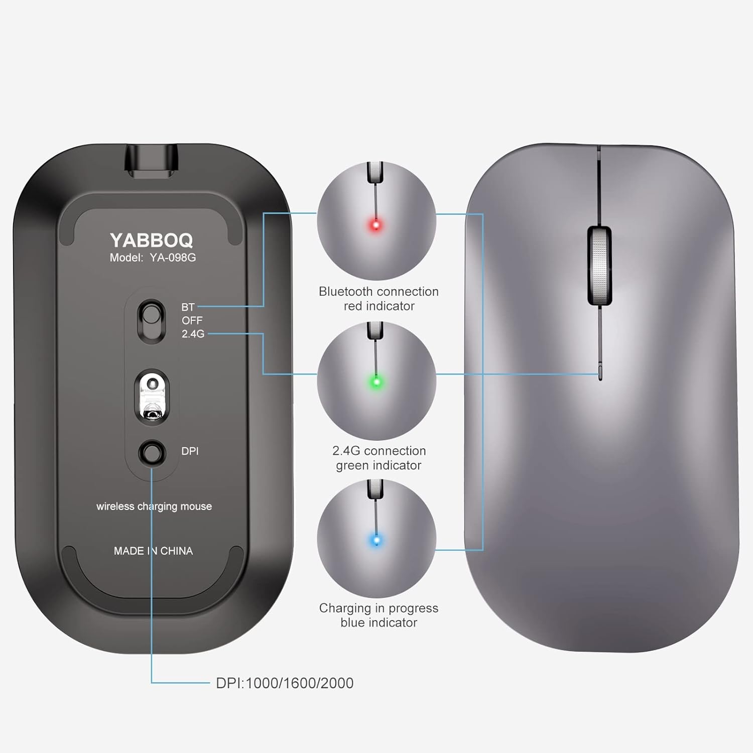 Rechargeable Wireless Bluetooth Mouse for Laptop/Ipad/MAC/MacBook Pro/Air/Chromebook/Desktop/iPhone, Slim/Silent Computer Mouse, Comfortable for Both Left and Right Hand-Grey.
