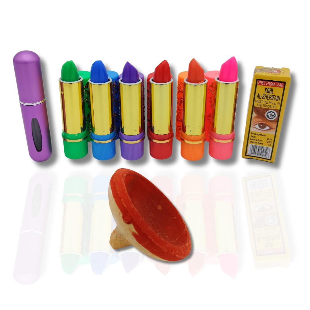 Pintalabios magico marroqui (Pack 6 unidades),aker fassi Marroqui(pintalabios marroqui de barro),kohl arabe sin plomo,pulverizador perfume recargable de regalo.Labial hidratante. PACK BELLEZA ARABE