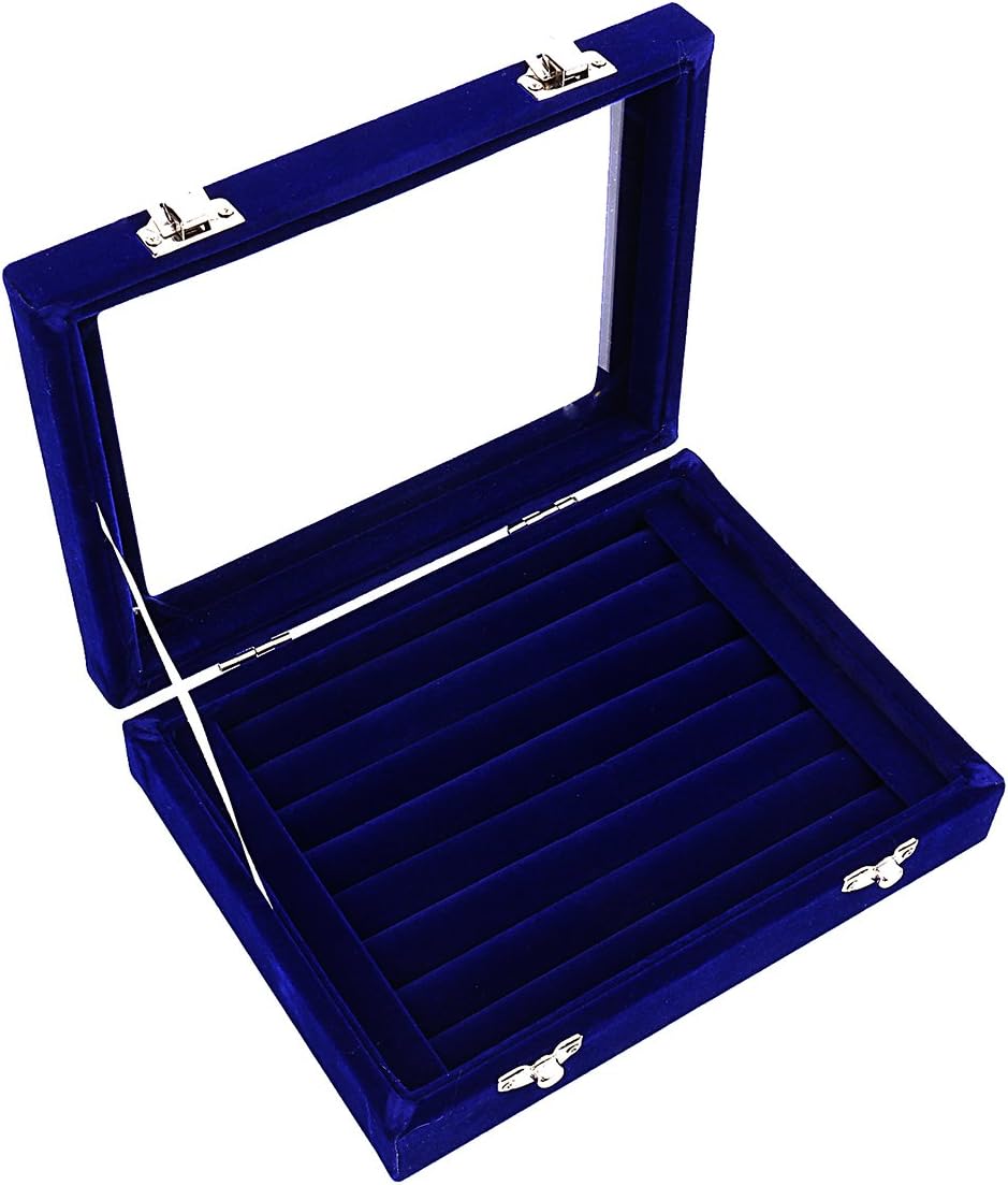 7 Slots Velvet Glass Ring Jewellery Display Storage Box Tray Case Holder Earring Organizer Stand Blue