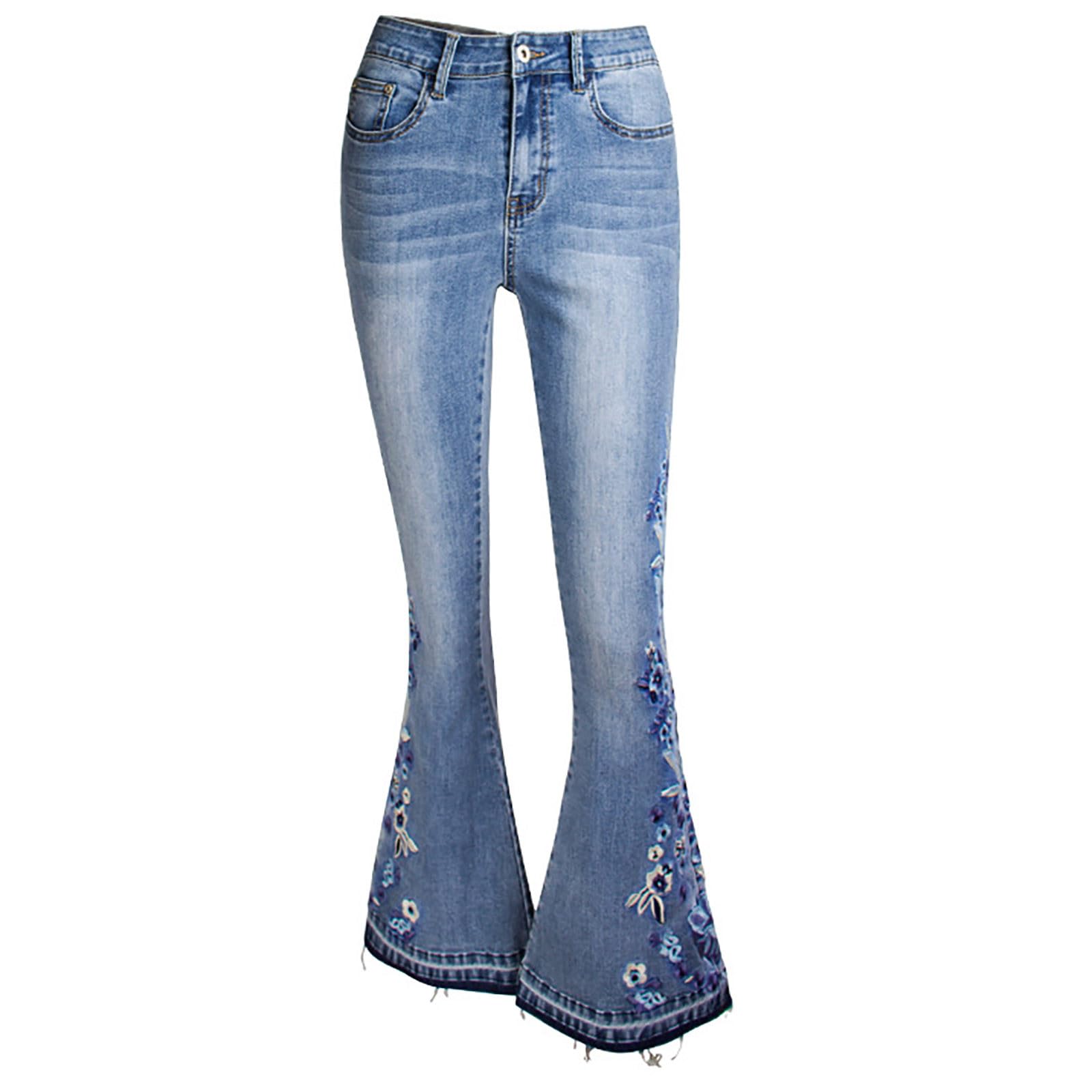 Schlaghose Damen Jeans Blumen Jeanshosen Schlank Geblümt Bestickt Denimhose Vintage Stickerei Schlagjeans mit Taschen Elegante Bootcut Röhrenjeans Hohe Taille Flared Pants Y2K Style Denim Freizeithose