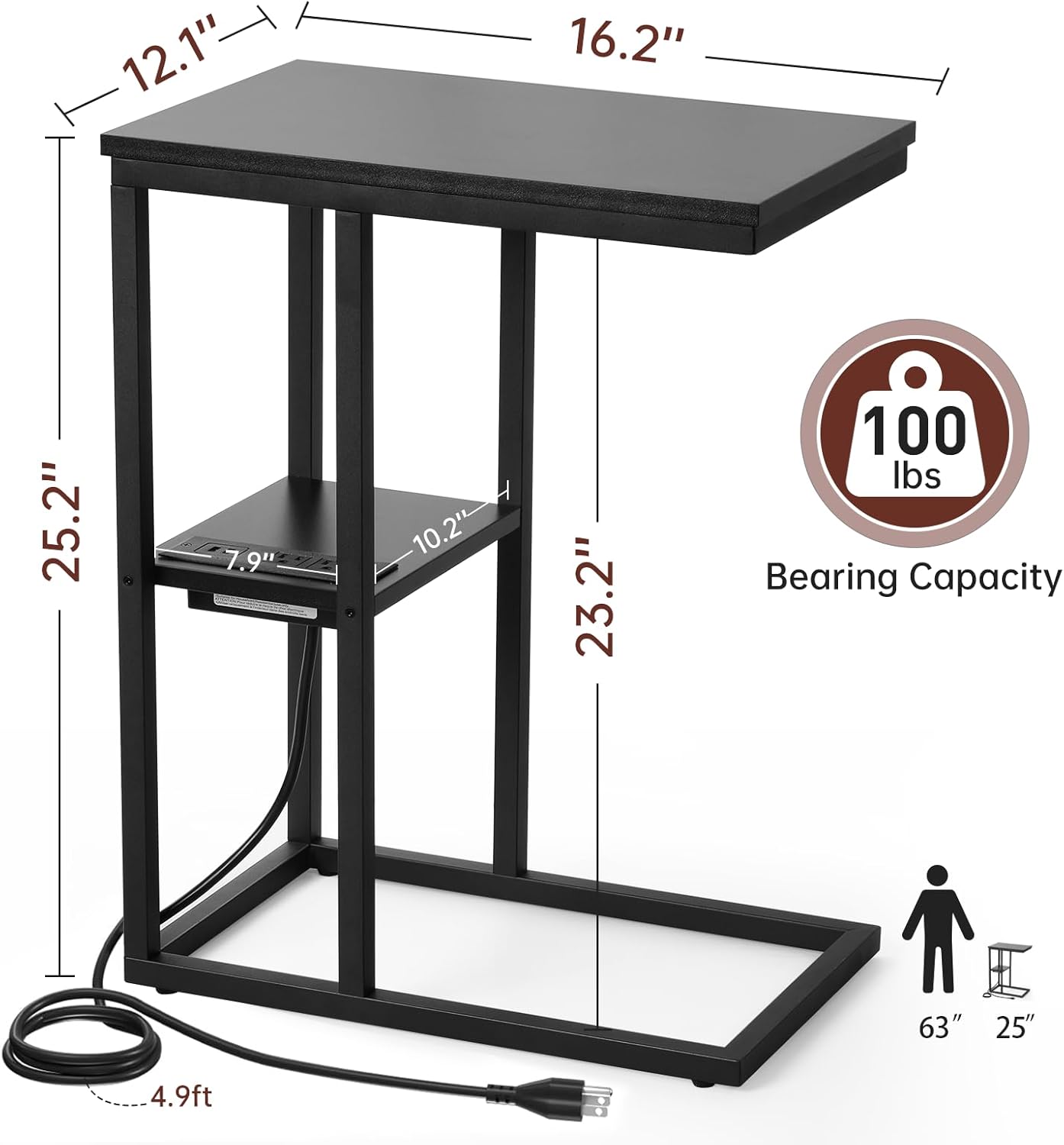 Vagusicc C Shaped End Table with Charging Station, Small Side Table for Couch, Snack Side Table with USB Ports and Outlets for Small Spaces, Slide Under Sofa Table TV Tray Arm C Table for Living Room