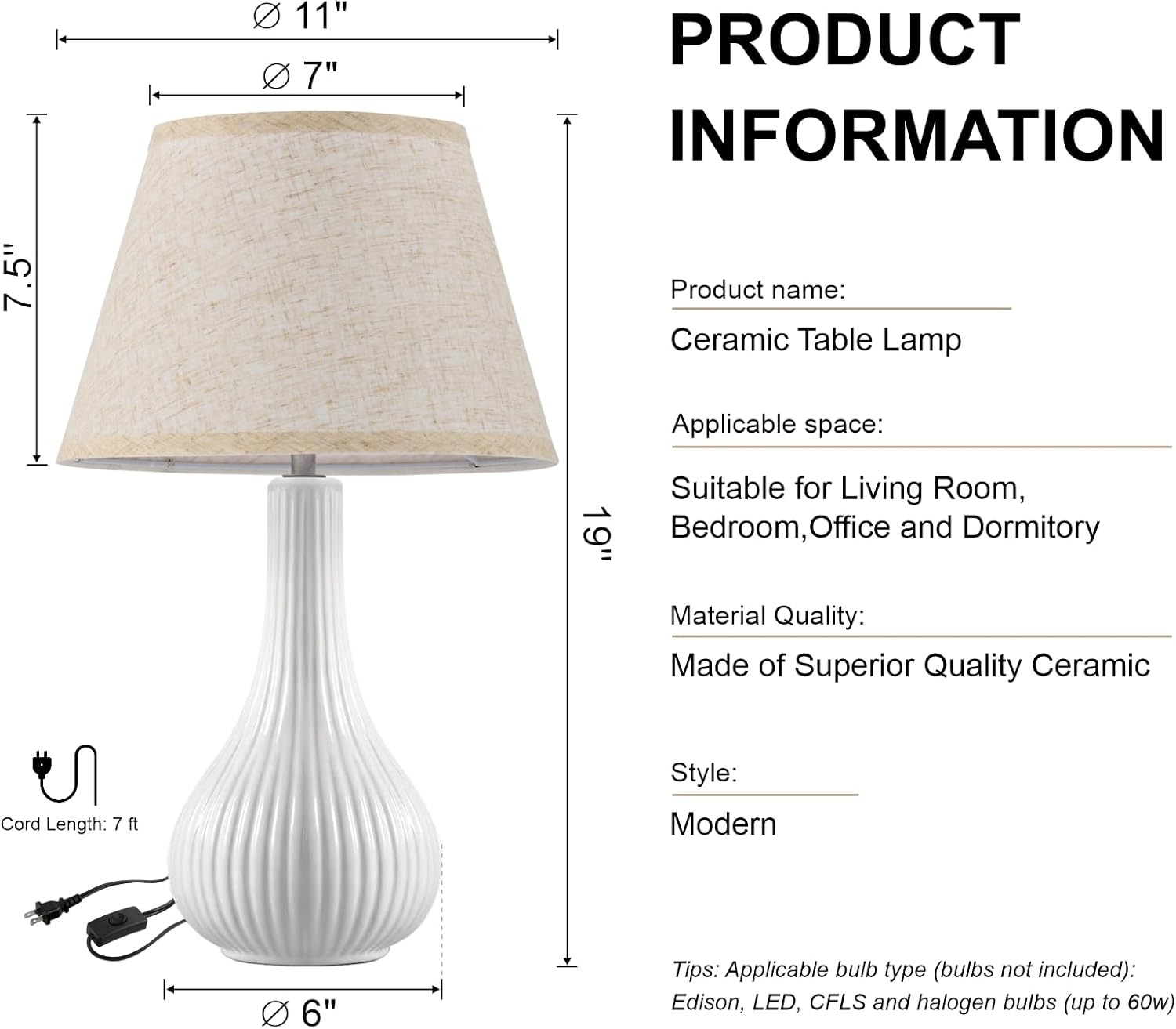 LETRY 19" Ceramic Table Lamps Set of 2 - Table Lamps for Living Room, Modern Stripe Bedside Nightstand Lamp for Bedroom, White Desk Lamp for End Table Home Decor Gifts for Women Mom Oatmeal