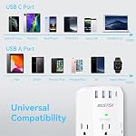 2 Pack Wall Outlet Extender, 2100J Surge Protector, 6 Outlet Extender with 4 USB Ports(1 USB C 20w), BESTEK 3-Sided Power Strip Multi Plug Outlet Spaced for Home Office Travel