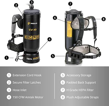 Prolux 10 Quart Commercial Backpack Vacuum with Premium 1.5-Inch Attachments, HEPA Air Filtration, Deep Cleaning for All Floor Surfaces
