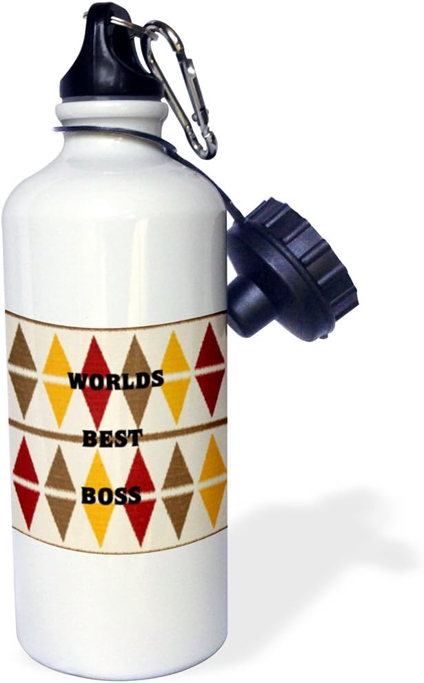 3dRose "Worlds Best Boss On Olive Red n Mustard" Sports Water Bottle, 21 oz, White