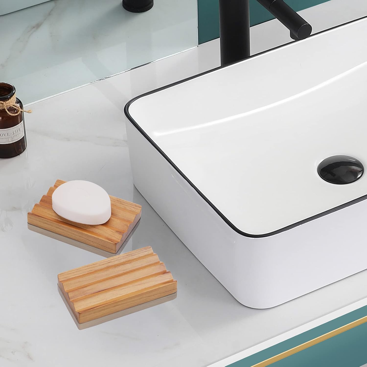 Teak soap Dish for Shower by HTB, Wood Decorative Bath soap Holder Heightened Base Design to Keep Soap Dry in Kitchen, Bathroom, Sink, Bathtub, Cute Wooden soap Saver for Hand Face Shampoo bar (2pcs)