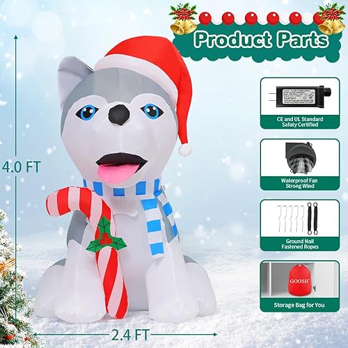 Miniatura 5 de GOOSH - Perro inflable de Navidad de 4 pies para decoración al aire libre, perros husky inflables con bastón de caramelo con LED integrados para