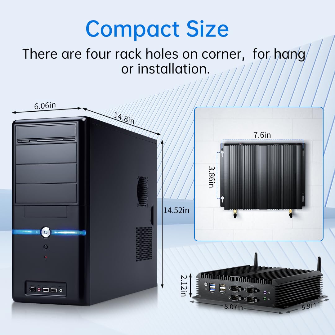 Industrie PC, lüfterloser Mini Computer mit Core i7-1165G7, 16GB RAM, 256G SSD, Dual-Netzwerkkarte, 2,5G LAN, 6*COM RS232, Wake-on-LAN/Auto-Power-On, Wi-Fi 6, 1*HDMI, 1*VGA, Windows 11 Pro