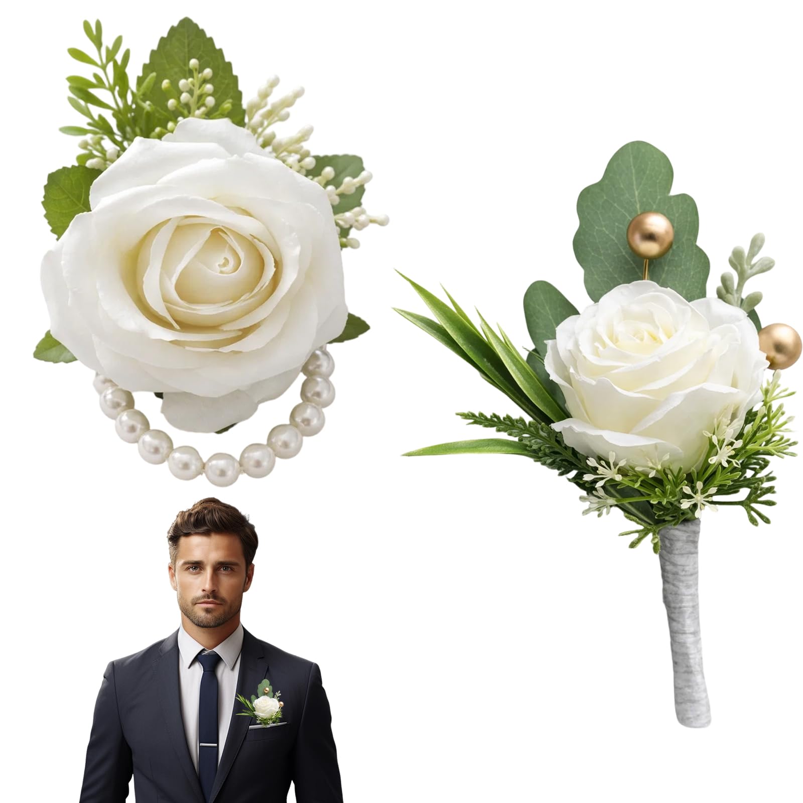 QhgPnt 2 Pcs Roses Boutonniere for Men Wedding, Button Holes Flowers Wedding, White Artificial Roses with pins, Weddings Flowers for Groom and Groomsmen, For Anniversary Celebration,Party,Prom ﻿