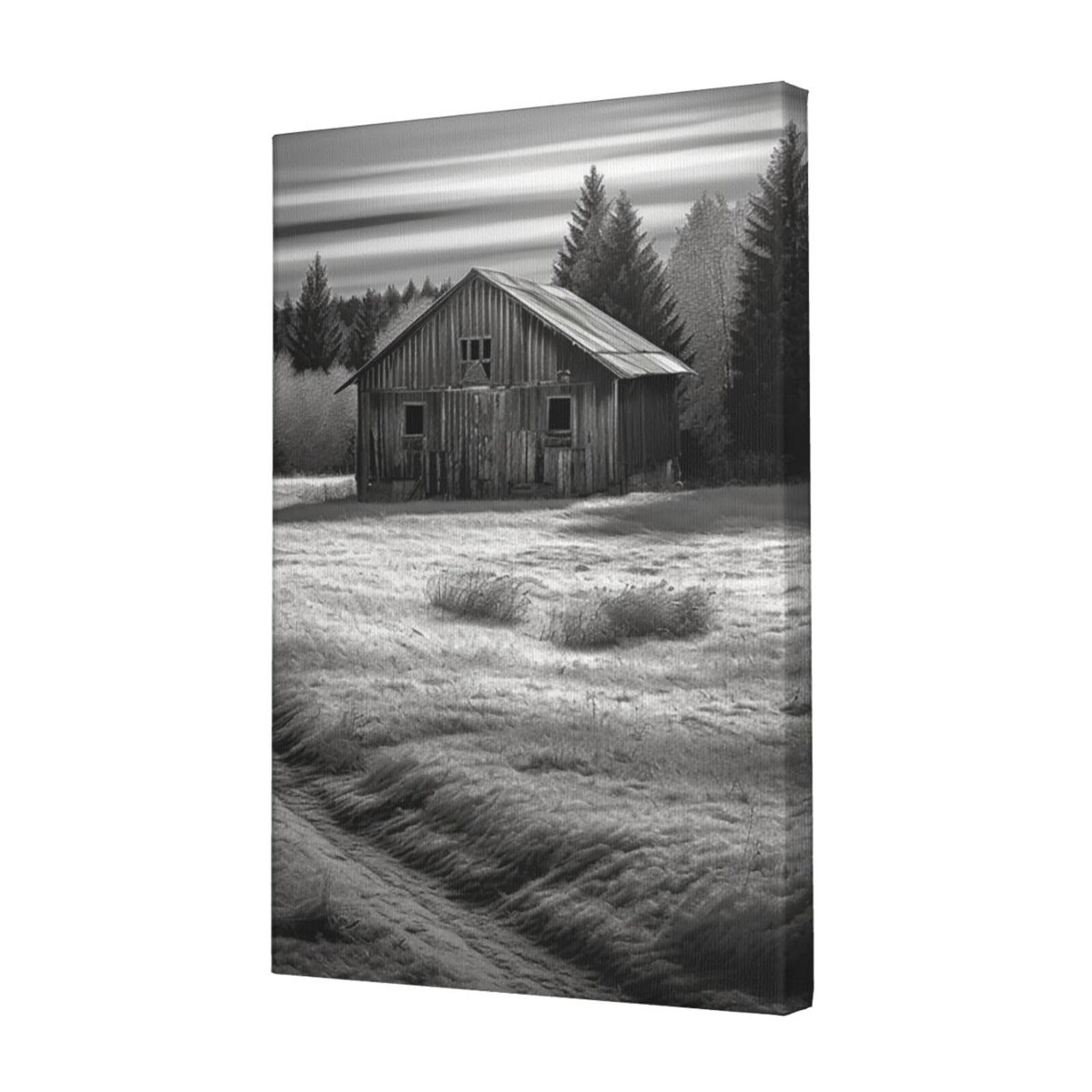FodPand Barn Black and White Canvas Wall Art for Living Room Wall Decor 12"x18" Modern Artwork Painting Pictures Hanging Canvas Prints Aesthetic Wall Art for Bedroom Bathroom Office Wallart Decor