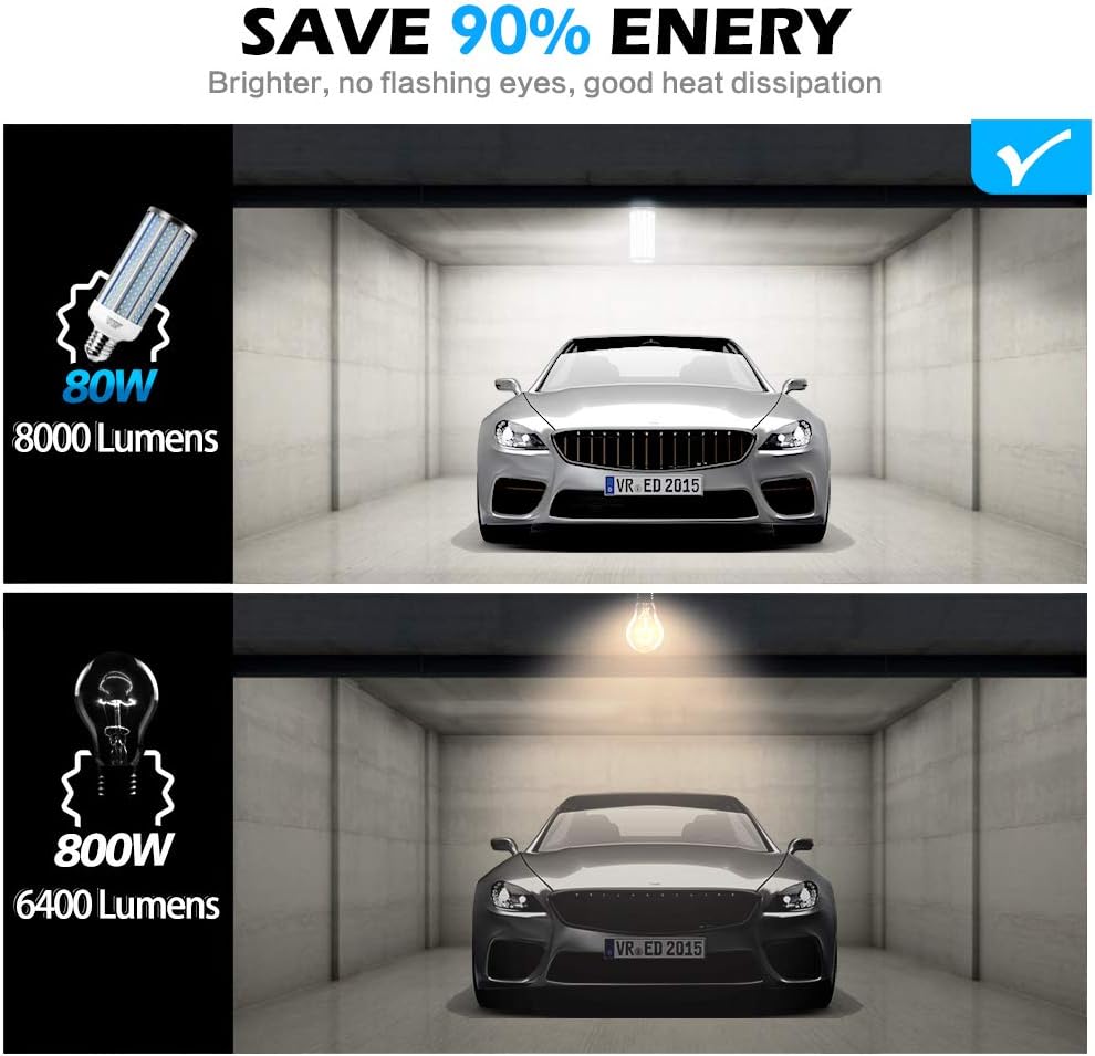 E39 80W LED Corn Light Bulb， 800W Equivalent 8000 Lumen 6500K Large Area Cool Daylight White for Outdoor Indoor Garage Warehouse Workshop Street Factory Backyard E39/E40&E26/E27 (E39/E40&E26/E27)