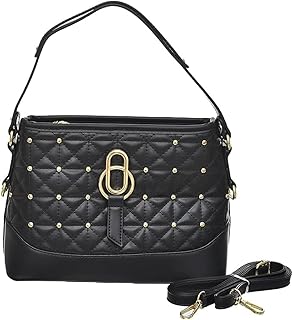 شنطة يد جلد بتصميم كلاسيكي مع حزام كتف وستراس ذهبي للنساء من اكسيسوريز شوب، أسود