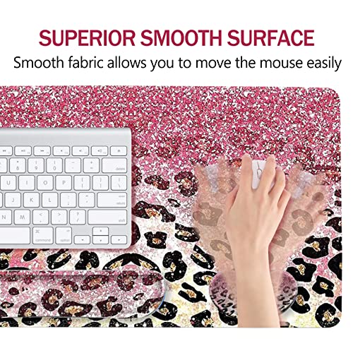 Image of ARTSO Extended Gaming Mouse Pad Set, Keyboard Wrist Rest Support Pad + Wrist Cushion + XXL Large Mouse Pad + Coaster, Stitched Edge, Non-Slip, Memory Foam Desk Mat, Pink Leopard Print