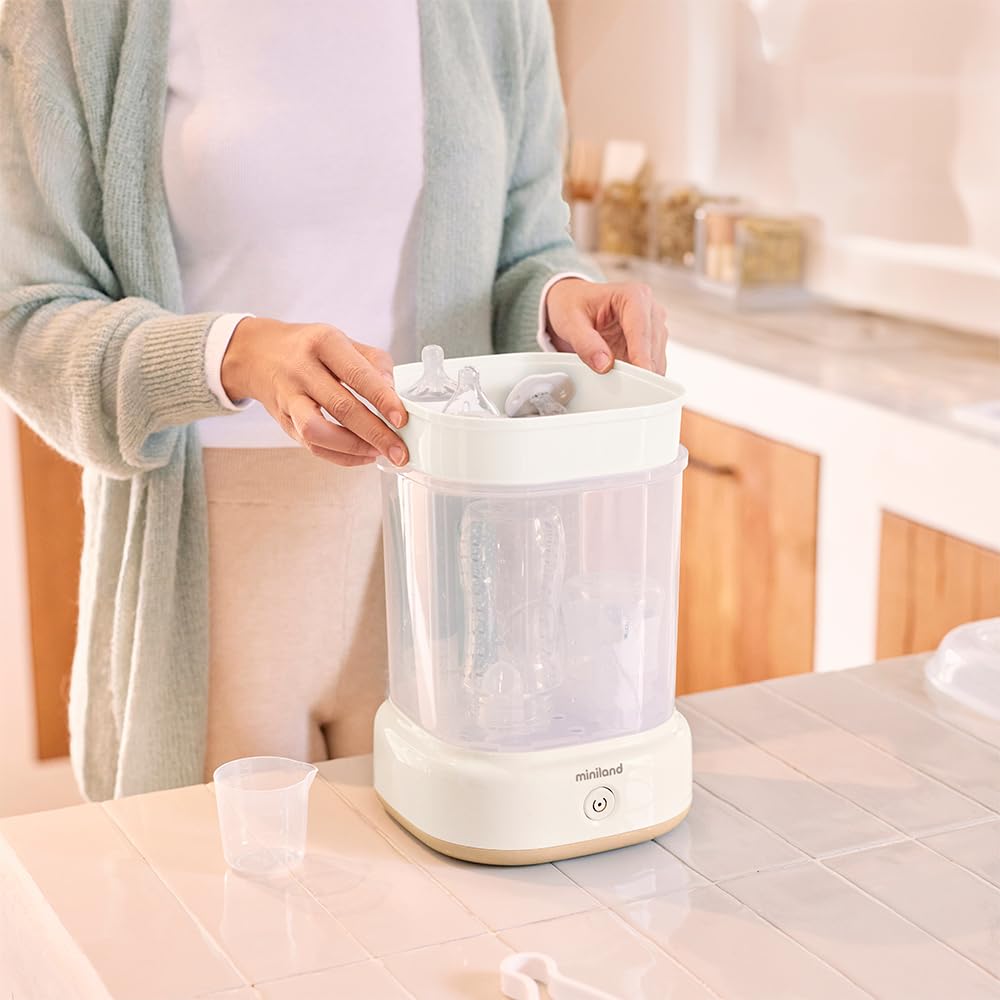 Miniland - Mini Steamy Sterilizzatore a vapore, grande capacità per biberoni, ciucci e tettarelle, unisex, adatto per lavastoviglie, automatico, senza sostanze chimiche (beige)