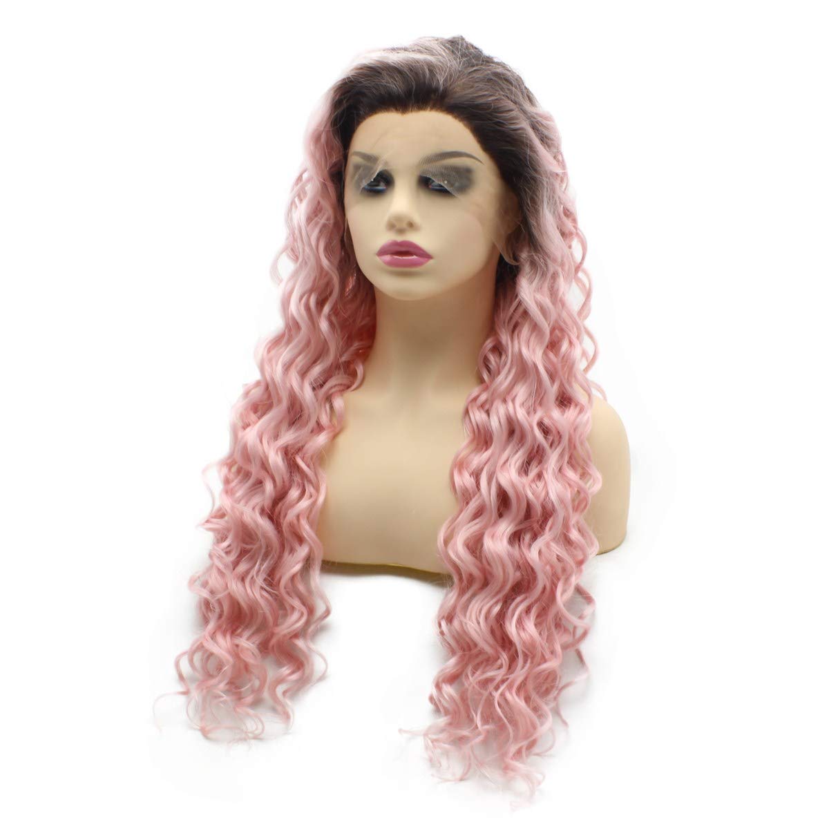 Long Curly Dark Roots Pink Ombre Heat Resistant Lace Front Wig