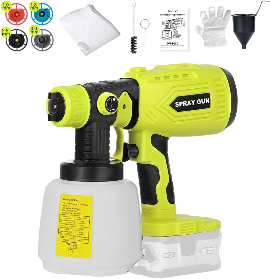 Cordless Paint Sprayer for Ryobi 18v Battery，HVLP Spray Paint Gun with Brushless Motor and Copper Nozzle, 200W Cordless Paint Sprayer for Home, Car, Furniture & Wall Painting (Battery Not Included)