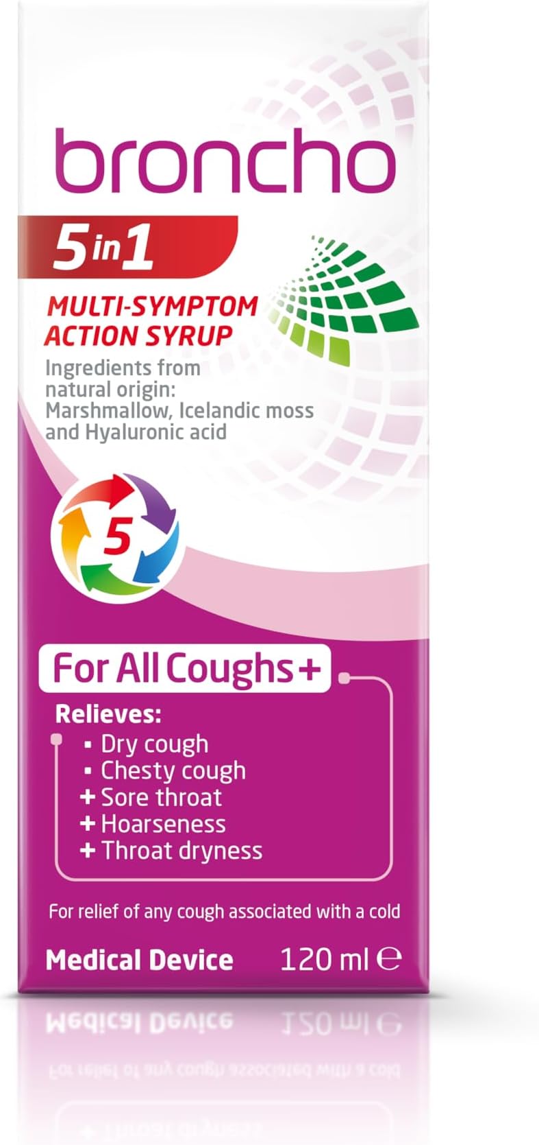 Broncho 5in1 Multi-Symptom Action Syrup (120ml) relieves all coughs and sore throat associated with a cold. Alcohol and sugar free.
